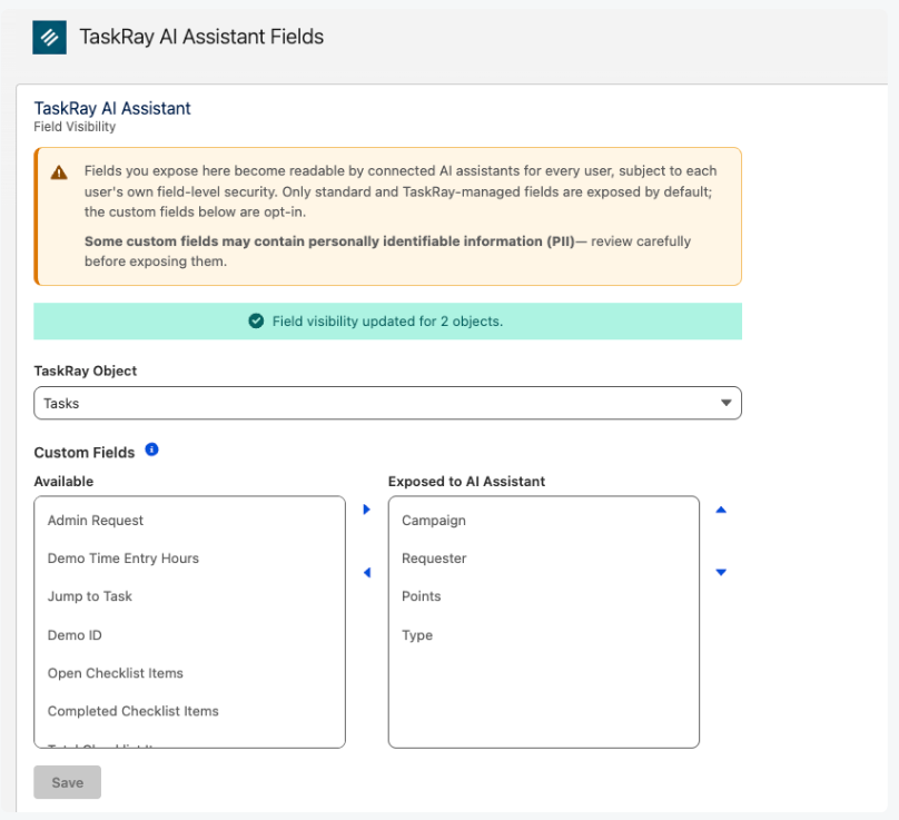 SCREENSHOT — a couple of custom fields toggled on and Saved. (Any customer-specific field labels redacted.)