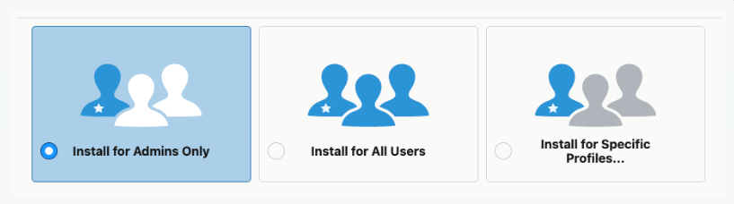SCREENSHOT — the Salesforce install screen; choose Install for Admins Only. (Org name redacted.)