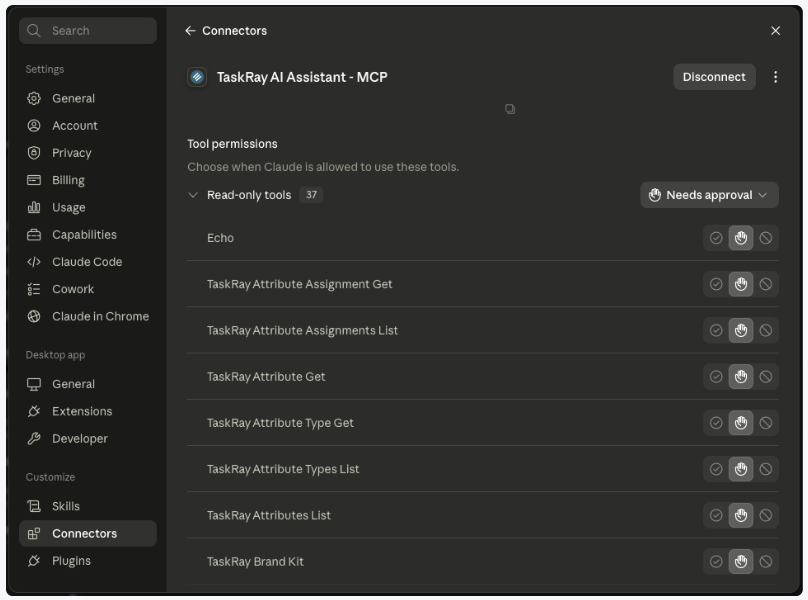 SCREENSHOT — a provisioned test user who has completed the connection (the connection page's connected state). (Token and tenant code redacted.)